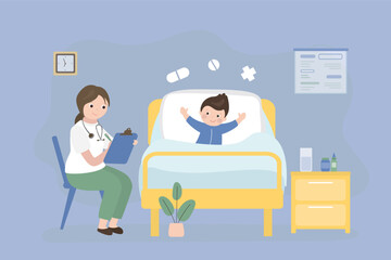 Child rejoices at recovery. Happy boy after illness. Pediatrician or nurse and schoolищн in medical ward interior. Healthy child, after treatment. First aid, medical support.