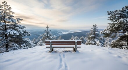 An empty wooden bench on a snowy hilltop overlooking a vast winter valley landscape at sunrise.
