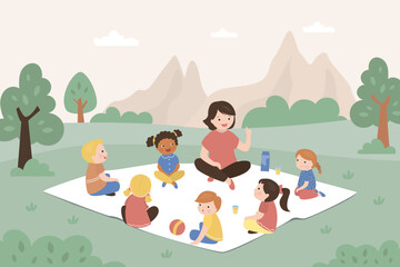 Multiethnic little kids boys and girls have fiel trip or summer camp. Teacher talking with schoolboys and schoolgirls at nature.