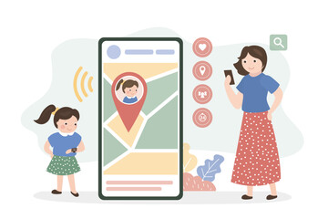 Monitoring whereabouts of kid. Phone screen with geolocation tracking app. Concept of parental control and protection. Mother communicate with child through smartwatch.
