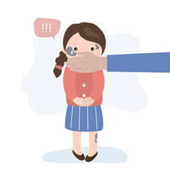 Scared young girl with adult man's hand covering his mouth. Innocent children, women victims aggression. Crying little child. Domestic violence