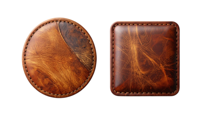Dual leather patch designs with texture and embossed details isolated on transparent background
