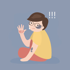 Stop violence against children. Sad kid with hand gesture - Stop. Equality and tolerance. Stop discrimination and abuse. Little caucasian boy with bruise and scratch