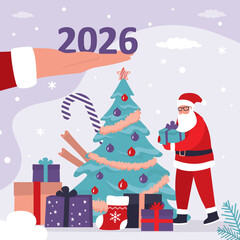 Big hand holds 2026 year numbers. Santa Claus with gifts. Traditional christmas tree, various presents. Xmas or New 2026 year celebration, december holidays.