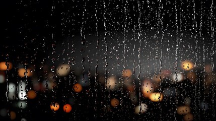 Raindrops streak down a dark window overlooking blurred city lights.