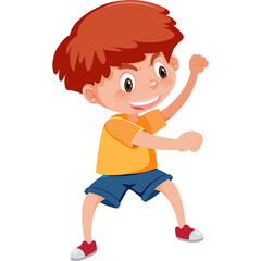 Illustration Of A Determined Boy With Red Hair And Freckles Wearing A Yellow T-shirt And Blue Shorts In A Dynamic Pose On A Transparent Background