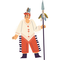Illustration Of A Man Dressed As A Native American Warrior Holding A Spear On Transparent Background