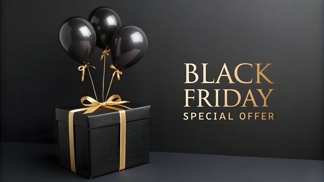 Black friday special offer with gift box and balloons on dark background