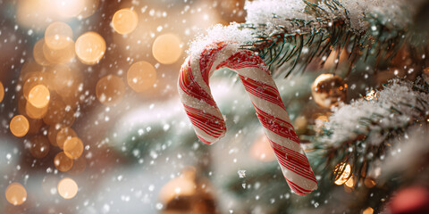 A Glossy Red and White Striped Candy Cane Hanging on a Lush Green Christmas Tree Branch with Soft Natural Light and Festive Ambiance
