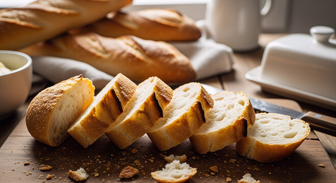 A close-up of sliced French baguette bread on a wooden board, showing its crusty exterior and airy interior. A butter dish and whole baguettes are visible in the background.