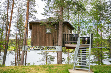 Tree house. Beautiful outdoor rural wooden structure tree house