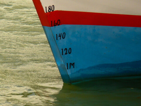 Colorful Ship Hull Showing Draft Marks Above The Waterline