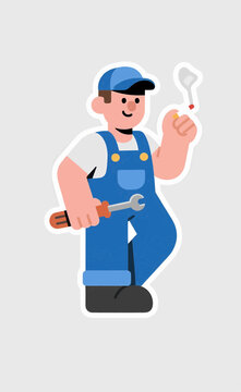 Cartoon mechanic wearing blue overalls and cap, holding a wrench and a cigarette