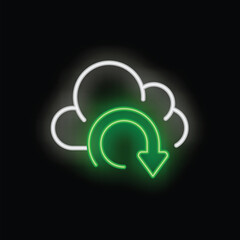Neon green refresh arrow is glowing in front of a white cloud outline on a black background