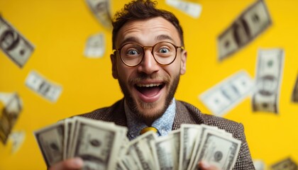 Rich Businessman Smiling With Yellow Currency, Experiencing Happy Finances And Abundance Of Money, Looks To Be Wealthy And Content.