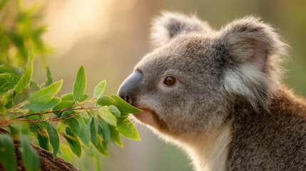 Obraz premium Koala enjoying eucalyptus leaves at sunrise in scenic nature setting