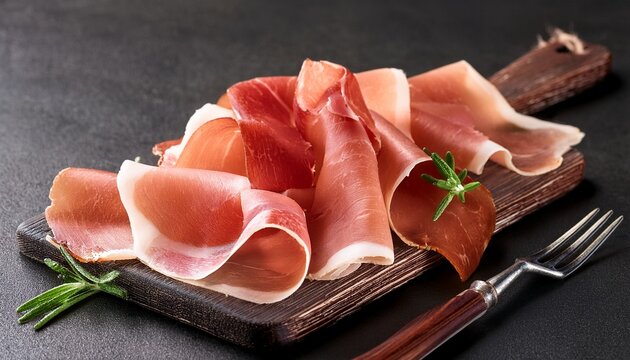 slices of prosciutto di parma or jamon serrano iberico on a dark cutting board