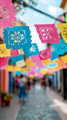 Vibrant papel picado decorations fluttering overhead in festive street scene