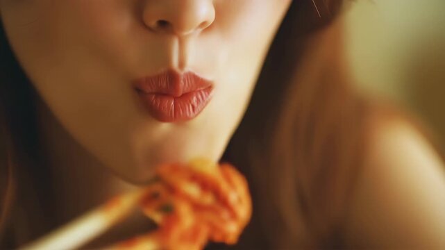 日本人女子高校生が口元でキムチを食べる姿