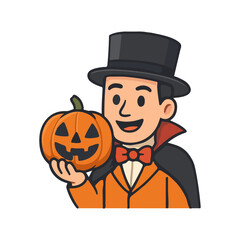 Smiling man in vampire costume holding pumpkin. Halloween character in black cape and top hat.