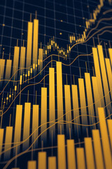 Vertical financial bar and line chart illustration with yellow-gold gradient on a dark blue-black background showing market growth and data analysis