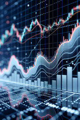 Detailed abstract financial trading screen with flowing line graphs, candlestick charts, and bar charts on a dark blue background
