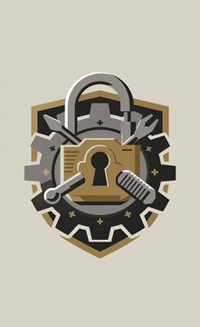 Steampunk Locksmith Emblem with Gears and Tools Illustration
