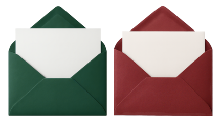 Festive Christmas envelope and card mockup set in green and red tones. Perfect for holiday greeting cards, invitations, and branding design