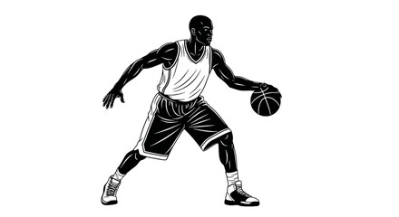 Naklejka premium A black and white illustration of a muscular basketball player dribbling a ball on a white background.
