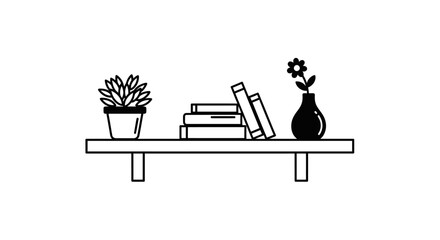 Illustration of a shelf with a potted plant, books, and a vase with a flower.