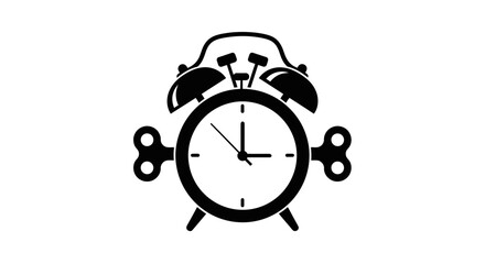 A black silhouette of a classic alarm clock with bone-shaped winders, feet, and handle, resembling a skull and crossbones.