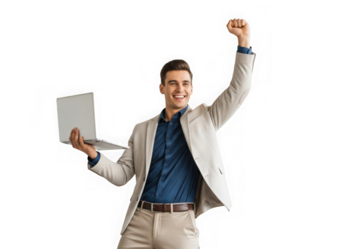 Successful businessman holding a laptop raising his fist in celebration, isolated on transparent background