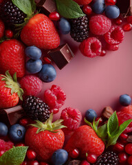 Obraz premium Berry medley delight: vibrant assortment of luscious berries and decadent chocolate pieces artfully arranged, promising a sensory explosion of flavors and a feast for the eyes.