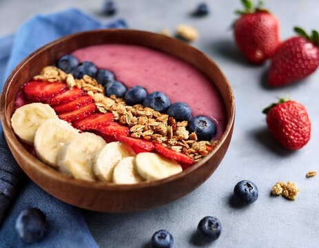 berry smoothie bowl with strawberries blueberries raspberries bananas and granola - Powered by Adobe