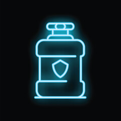 Sports nutrition container with a shield icon glowing blue neon, concept of muscle protection