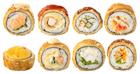 Set of different tempura sushi rolls. Sushi with eel fish, salmon, mussel, tuna, shrimp and sauce on top isolated on white background