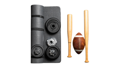 Dual sets of sporting equipment arrangements isolated on black background