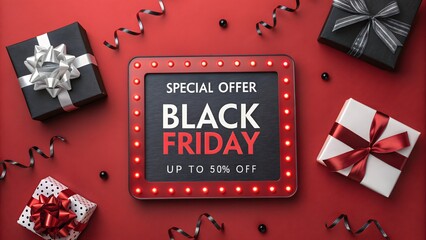 Black friday sale concept with gift boxes and frame on red background