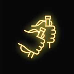 Doctor hands holding test tubes yellow neon icon. Vector illustration