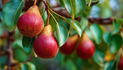Obraz premium Juicy Ripe Organic Pears Hanging On A Pear Tree Branch In The Garden: Delicious Summer Fruits Ready For Autumn Harvest Season.