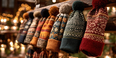 Warm winter hats displayed at a festive market during the holiday season