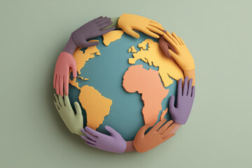 Hands of diverse colors surround a globe representing unity and global cooperation among all nations