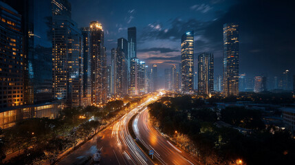 Fototapeta premium City Lights: An evocative cityscape bathed in the enchanting glow of the twilight, a dynamic artery of the city pulsating with the flow of vehicles under the twilight sky.