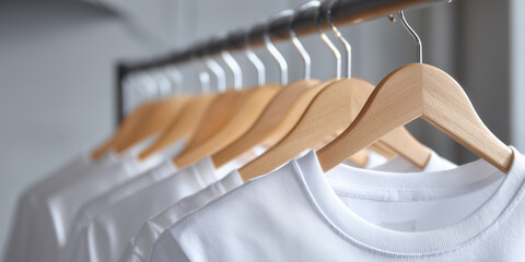 White t-shirts neatly hung on wooden hangers in a bright, minimalistic clothing store display during daytime