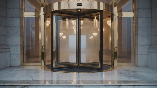 Luxurious Golden Revolving Door Entrance with Ethereal Mist and Grand Architecture