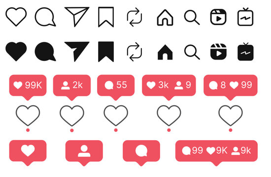 instagram icon, Like, Repost, comment share save, IGTV, home, search vector icon set. Site navigation symbol. Social media web linear sign