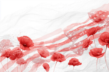 Red poppies wave alongside an American flag in a creative artistic display representing patriotism and remembrance