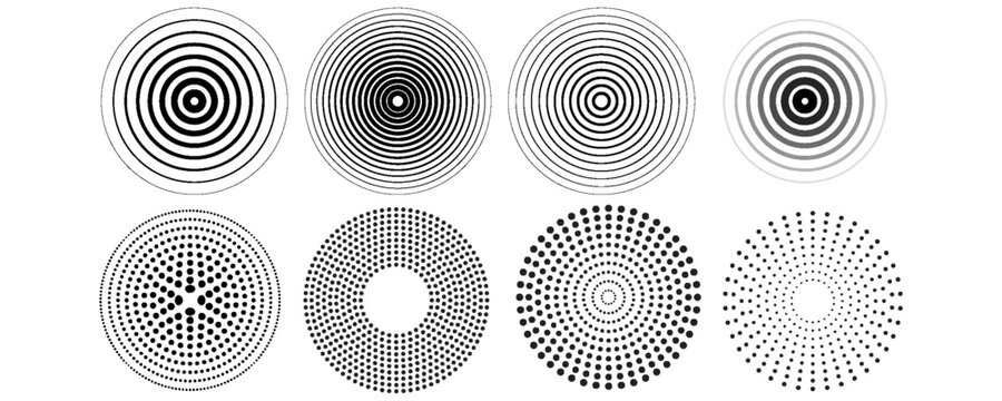 Black concentric circle set. Sonar or sound wave ring collection. Dotted and linear epicentre, target, radar icon concept. Ripple radial signal or vibration elements. Vector line and halftone symbols