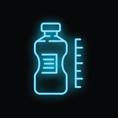 Blue glowing neon illustration of a measuring cup, isolated on a black background