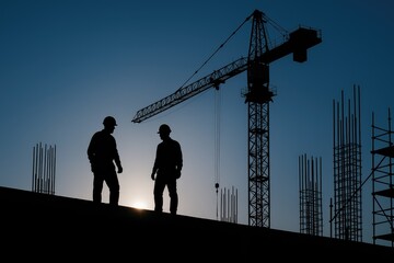 Construction workers oversee crane operations at dawn on a building site, building, workers, crane, dawn
